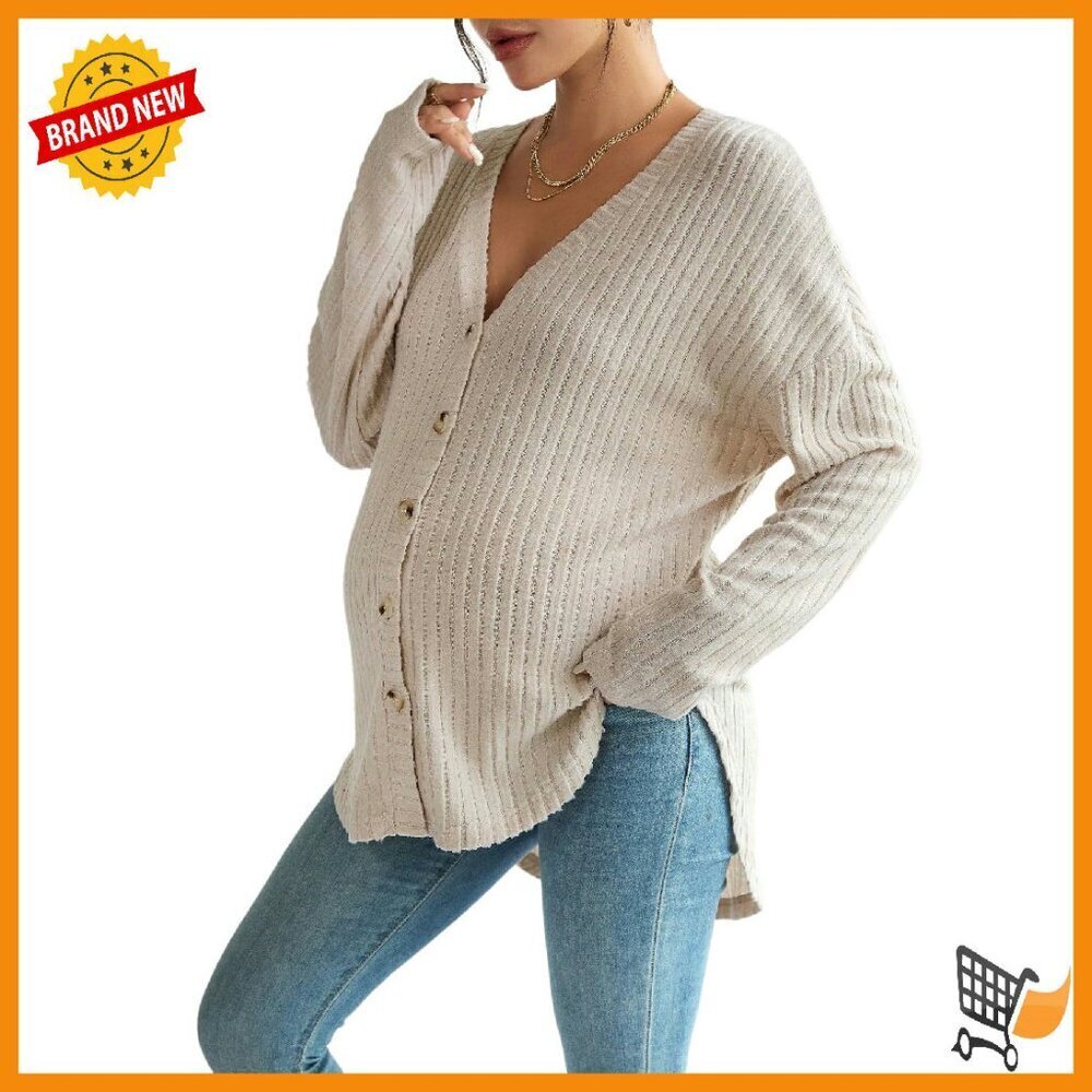 Maternity Long Sleeve Ribbed Knit Button Down Shirt Drop Shoulder V Neck